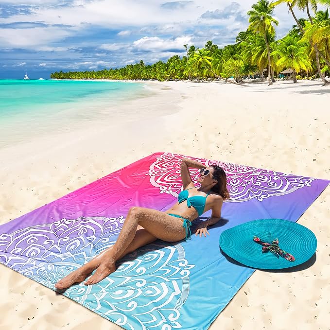 WIWIGO Beach Blanket Sandproof Extra Large Beach Mat Adults Waterproof Quick Drying Sand Free Mat Made by Premium Polyester with 4 Stakes & 4 Corner Pockets for Outdoor Travel Camping Hiking - Image 5
