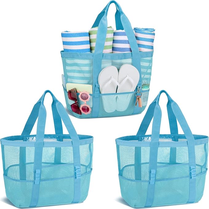 Hillban Large Beach Mesh Bags Bulk for Women Beach Tote Bag with 8 Pocket Zipper Waterproof Sandproof for Pool Cruise Ship by Hillban
