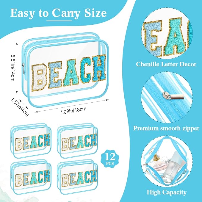 Kacctyen 12 Pack Clear Beach Makeup Bag with Chenille Letter Patch Travel Toiletry Bags Waterproof PVC Cosmetic Organizer for Women Girls Pool Beach Vacation Summer Essential Gifts, Teal Blue - Image 3