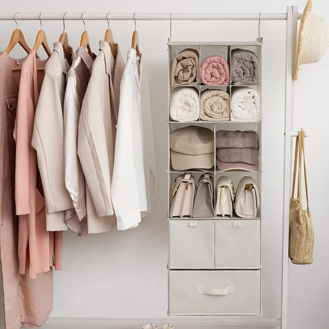 GRANNY SAYS Hanging Closet Organizer with Drawers, 6 Shelf Dividers Closet Hanging Organizer, Portable Foldable Hanging Shelves for Closet, Dorm Room, Bedroom, Kids Room, Beige - Image 9