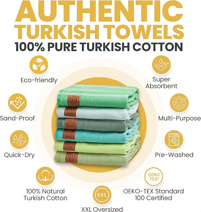 Gold CASE LYCIA Turkish Beach Towel Set of 6 – 100% Cotton Turkish Beach Towels Bulk 70 x 38'' – LYCIA Oversized, Quick Dry & Sand Free Beach Towel – Lightweight Towels Set in Tones of Green - Image 4