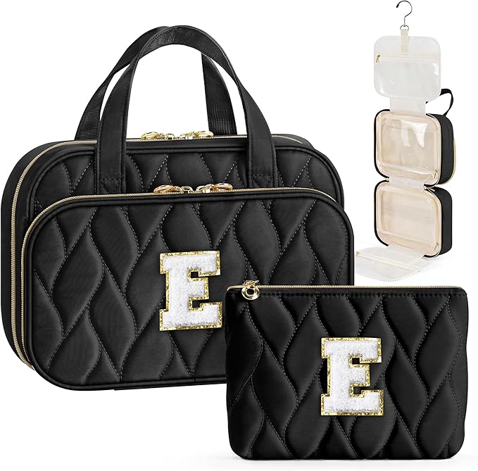 YOOLIFE Travel Toiletry Bag for Women - Hanging Toiletry Bag Initial Makeup Bag, Portable Toiletries Cosmetic Bag, Airplane Travel Essentials Black - E