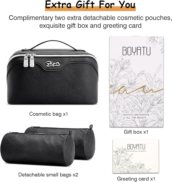 BOYATU Travel Makeup Bag Organizer Cosmetic Bag: 3 Pcs Set Make up Bags for Women with Handle - Waterproof Vegan Leather Toiletry Bags Travel Essentials Pouch with Compartments (C-01-Black) - Image 7