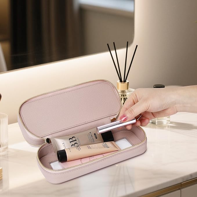 Double Layer Makeup Bag Makeup Brush Case Waterproof Travel Cosmetic & Toiletry Bag Purse Organizer and Car Essentials for Women (Pink 2-Layer SLIM) - Image 3