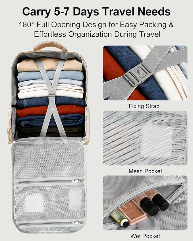 Travel Backpack for Women & Men, Carry On Personal Item Bag Flight Approved, Large Waterproof Laptop Backpack for Travel, Overnight, College & Commuting Beige-White - Image 2
