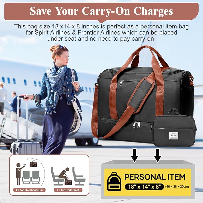 Travel Duffel Bag,Carry-On Overnight Weekender Bags with Shoes Compartment | Travel Bag with Wet Pocket & Toiletry Bag,For Spirit Airlines 18x14x8 Personal Item Bag,Small,Black & Brown - Image 8