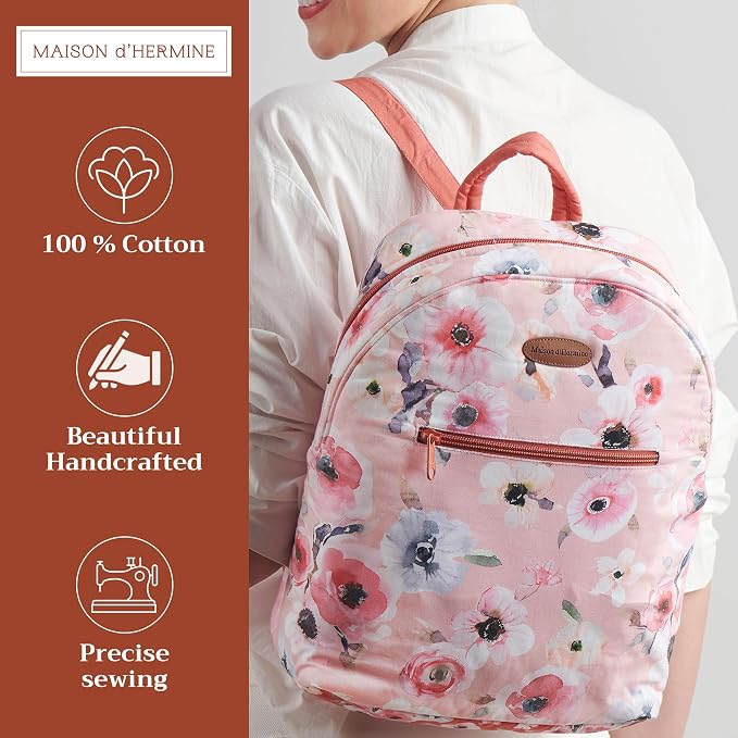 Maison d' Hermine Backpack for Women Men Cotton Shoulder Multipurpose Rucksack with Small Pouch Lightweight Multi Pocket Bag for Travel Beach Perfect for Spring Summer (Romantic Poppy - Saumon) - Image 2