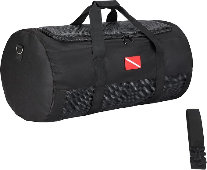 Mesh Scuba & Snorkeling Gear Bag – Heavy-Duty Cloth Ventilated Dive Duffel with Zipper & Adjustable Shoulder Strap (15.7" Diameter x 29.5" Length), Black by divetec