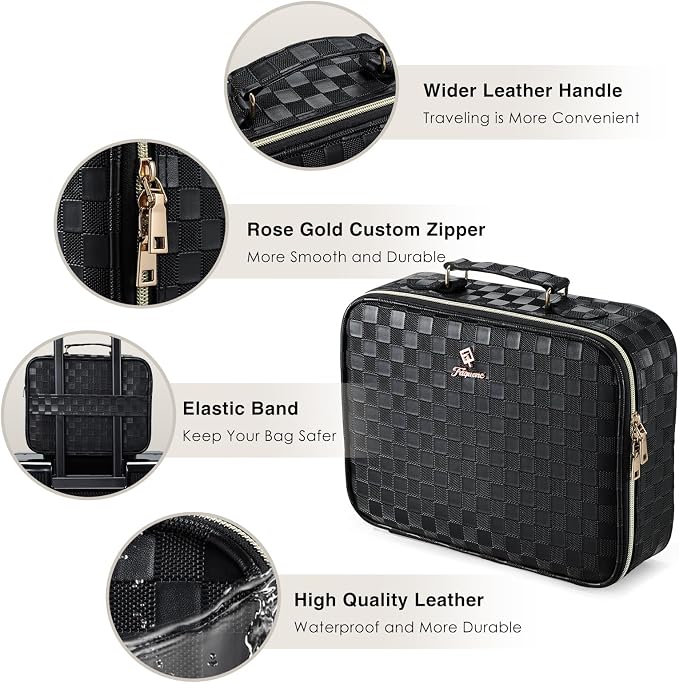 Faquenc Makeup Bag with LED Lighted Mirror 12.2 IN Travel Makeup Bag Adjustable Brightness in 3 Colors Cosmetic Organizer Artist Storage Bag with Dividers Brush Holder Bag Vanity Black Checkerboard - Image 6