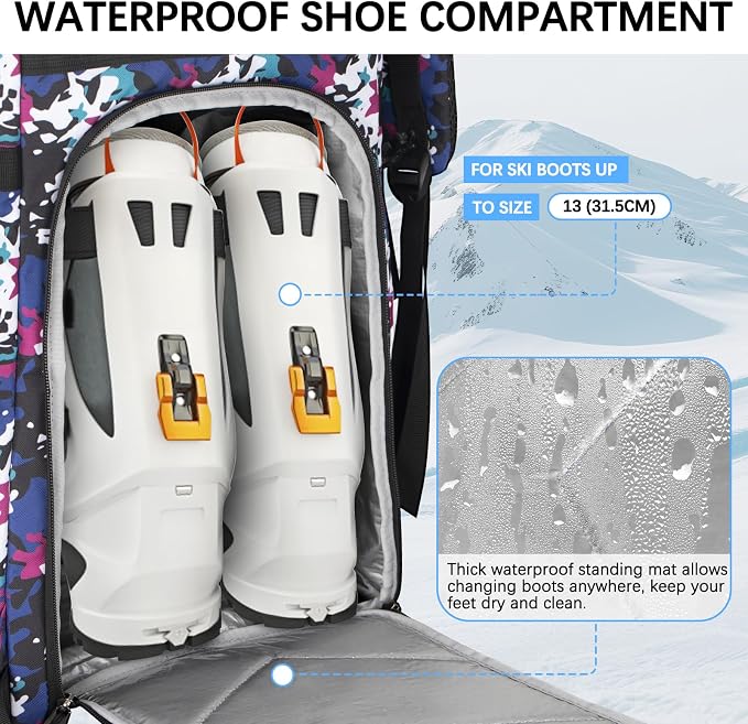 65L Waterproof Ski Boot Bag, Heavy Duty Snowboard Backpack for Helmet Goggles Gear, Air Travel Winter Sports Bag - Image 5