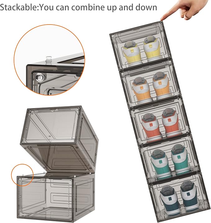 HOMIDEC Shoe Storage, 6 Pack Shoe Organizer Hard Plastic Shoe Box, Shoe Boxes Clear Plastic Stackable, Shoe Boxes with Lids for Size 13, Clear Smoke - Image 5