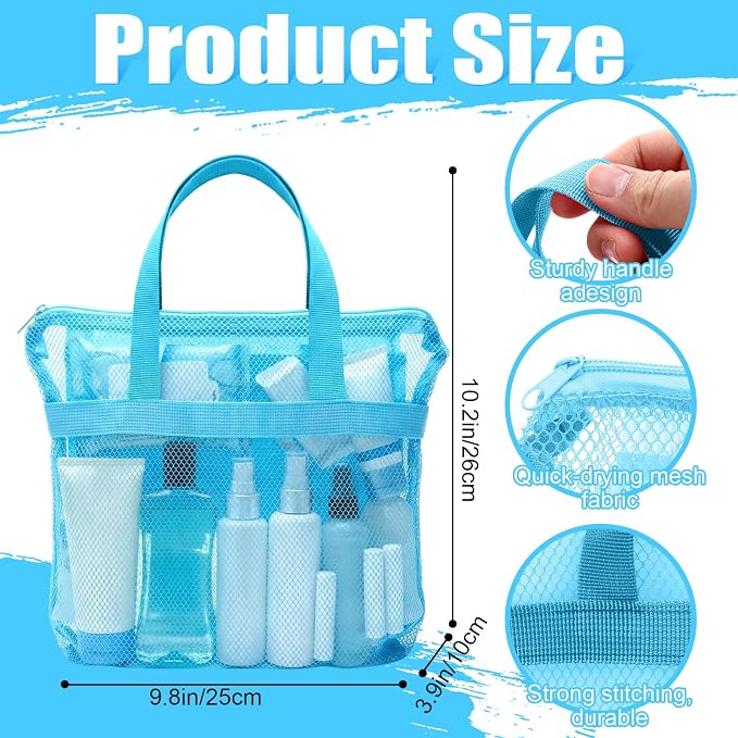 Kinlop 8 Pcs Mesh Shower Caddy Bag Portable Shower Bag with Zipper and 2 Pockets Hanging Toiletry and Bath Organizer for Gym, Swimming, Travel, Camping, College Dorms, Beach Pastel Colors - Image 2