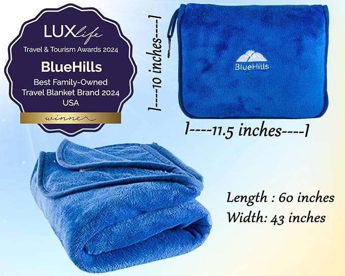 BlueHills Premium Soft Travel Blanket Pillow Plush Airplane, Car Royal Blue | Must Have Airplane Essentials, Luggage Belt & Carabiner, Matching Soft Case, 2 in 1 Travel Blanket Pillow Combo, Travel Gift - Image 5