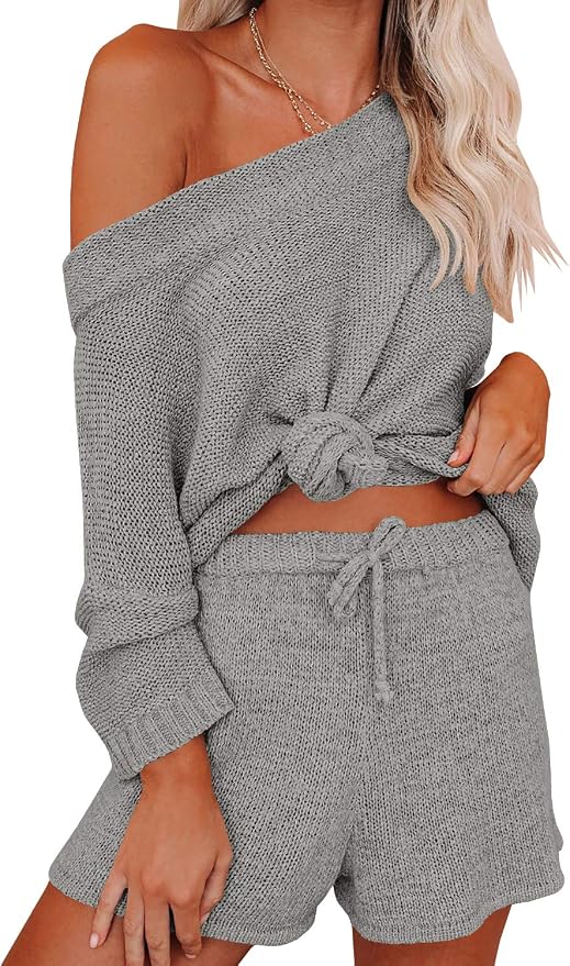 Ermonn Womens 2 Piece Outfits Sweater Sets Off Shoulder Knit Tops Waist Short Suits Casual Pajama Set - Image 2