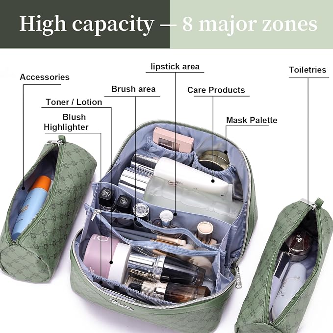 BOYATU Travel Makeup Bag Cosmetic Bags for Women: 3 Pcs Set Large Capacity Make up Bag with Handle - Vegan Leather Toiletry Bags with Compartments - Makeup Organizer for Travel Essentials(A-5-Green) - Image 5