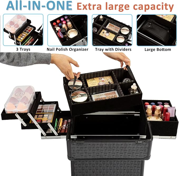 Arous Rolling Train Makeup Case Cosmetology Case on Wheels, Black | Cosmetic Travel Trolley 4 Tray with Sliding Rail Removable Middle Layer with Key Salon Barber Case Traveling Cart Trunk - Image 3