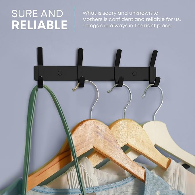 Coat Rack Wall Mount – 12 Inch Stainless Steel Hook Rail with 4 Double Coat Hooks for Hanging – Wall Mounted Entryway Organizer for Coats, Hats, Bags, Towels, Robes, or Bathroom - Black 2 Pack - Image 4