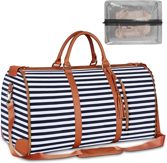 Ytonet Large Convertible Garment Bags for Travel, Waterproof Carry On Duffle Bag with Shoe Pouch, 2 in 1 Hanging Suitcase Suit Travel Bags, Gifts for Women, Royal Blue Stripe by YTONET