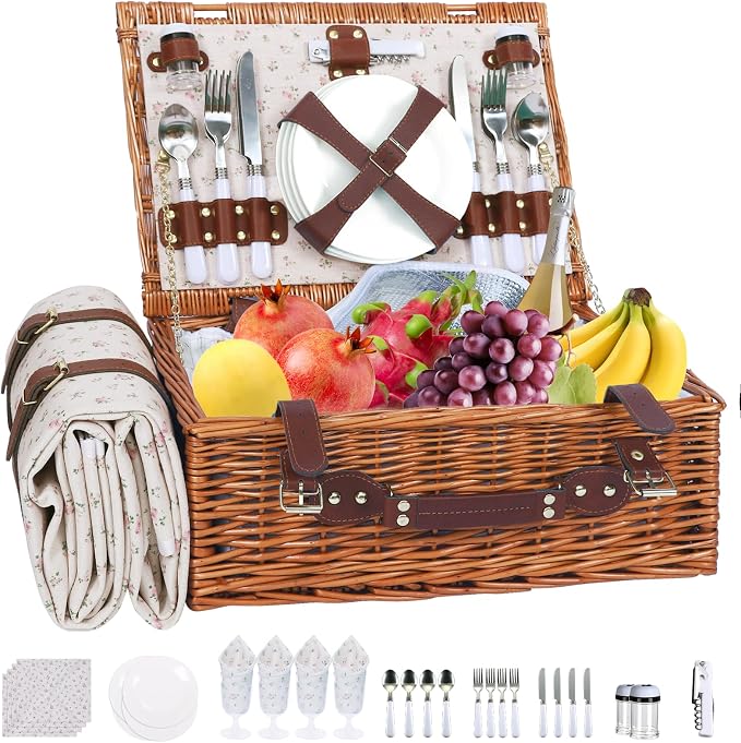 Picnic Baskets Wicker Willow Picnic Set for 4 Persons with Insulated Cooler Bag and White Floral Waterproof Picnic Blanket Gift for Christmas Thanksgiving Wedding Birthday Camp Outdoor Beach Travel by YPshuye