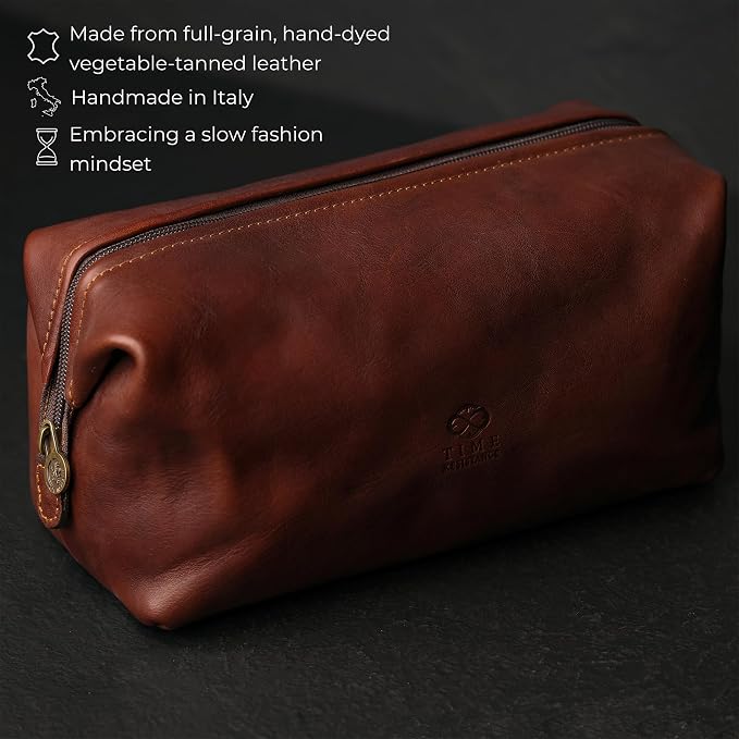 Time Resistance Leather Toiletry Bag - Italian Cosmetic Case Dopp Kit (Brown) - Image 4