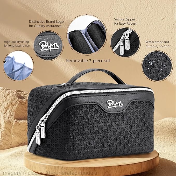 BOYATU Travel Makeup Bag Cosmetic Bags for Women: Large Capacity 3 Pcs Set Make up Bag with Compartments - Waterproof Vegan Leather Toiletry Organizer Bags with Handle (M-71Black) - Image 3