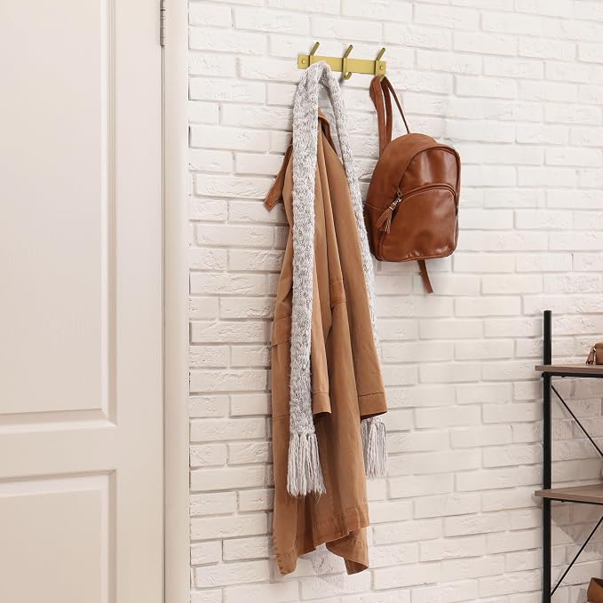 Brushed Gold Small Coat Rack Wall Mount – 9 Inch Stainless Steel Rail with 3 Double Coat Hooks for Entryway, Bathroom, Bedroom, Kitchen – Modern Gold Hook Rack for Coats, Hats, Towels - Image 4