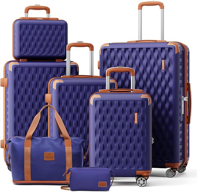 Melalenia Luggage Sets 7 Piece Hard Shell Carry on Suitcase with Spinner Wheels and TSA Lock, Lightweight Travel Duffel Bag for Women, Men, Navy Brown by Melalenia