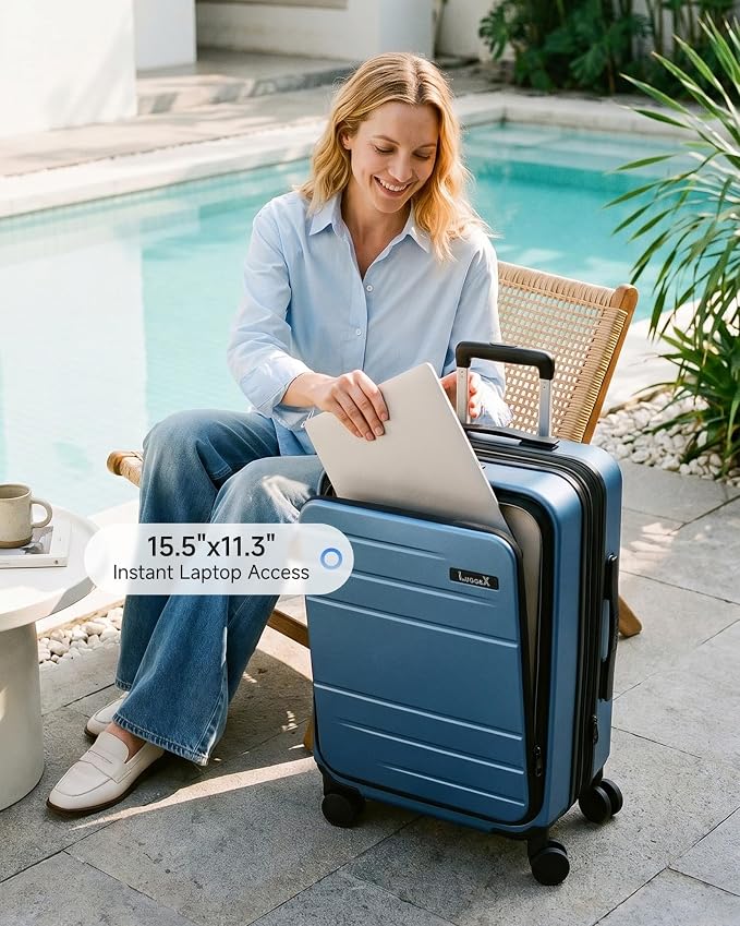 LUGGEX Carry On Luggage with Spinner Wheels, Expandable Polycarbonate Suitcase with Front Pocket (FX-Core, Blue, 21 Inch) - Image 2