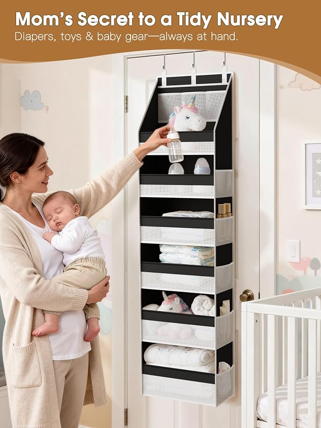 Criusia Over the Door Organizer, Heavy-Duty 6-Shelf Hanging Storage with 13 Mesh Pockets, 55lbs Capacity Behind the Door Storage for Nursery, Bathroom, Bedroom, and Dorm, Black - Image 4