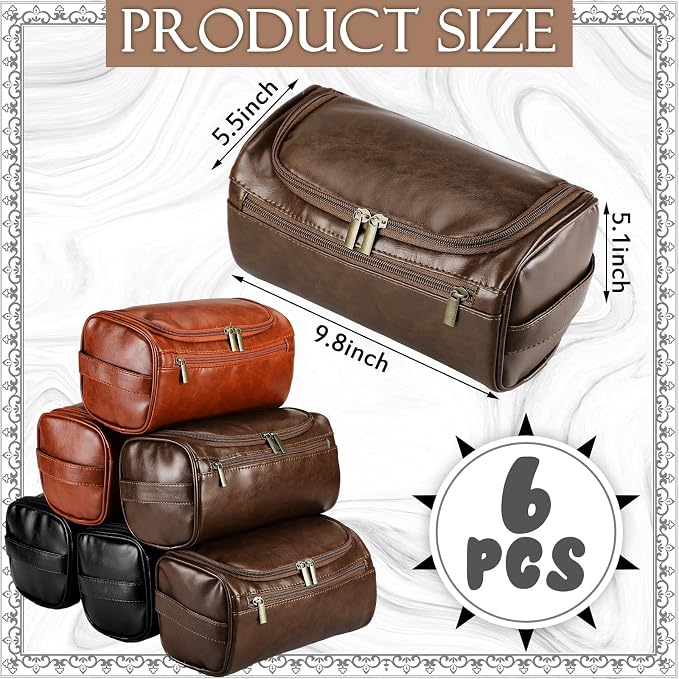 Aliceset 6 Pcs Groomsmen Gift Groomsmen Toiletry Bags Set of 6 Leather Toiletry Bag for Men with Hook Leather Wedding Proposal Bag with Side Handle Father Gift(Dark Brown, Black, Brown) - Image 2