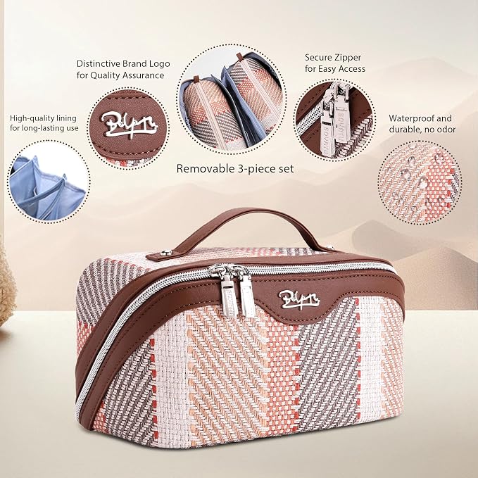 BOYATU Travel Makeup Bag Cosmetic Bag for Women: 3 Pcs Set Make up Bag with Compartments - Waterproof Vegan Leather Toiletry Bags with Handle - Makeup Organizer for Travel Essentials(C-5-Coffee) - Image 2