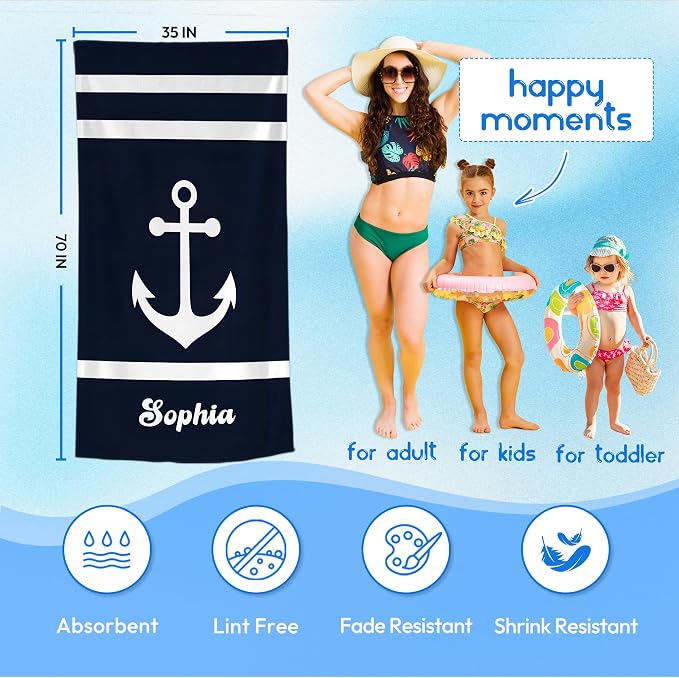 JML Personalized Beach Towel with Name, Custom Anchor Beach Towel, Customized Microfiber Pool Towel, Quick Dry & Absorbent Swim Towel for Adult,Anniversary, Birthday, Summer Holiday,Vacation - Image 3