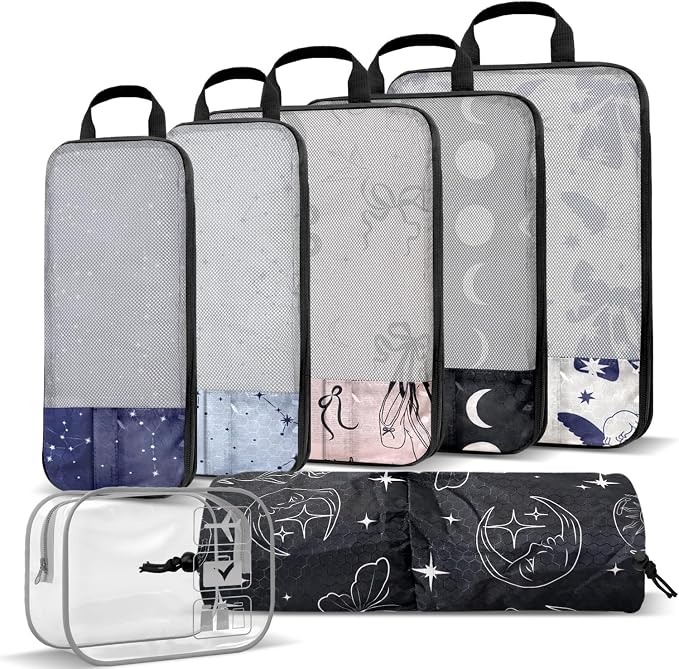Boho Compression Packing Cubes Set (7 Piece) - Sun Moon Stars | Ultra-Lightweight, Celestial Pattern Travel Organizer Bags, Essential for Clothes, Shoes, Cosmetics & Toiletries, Dark - Image 2