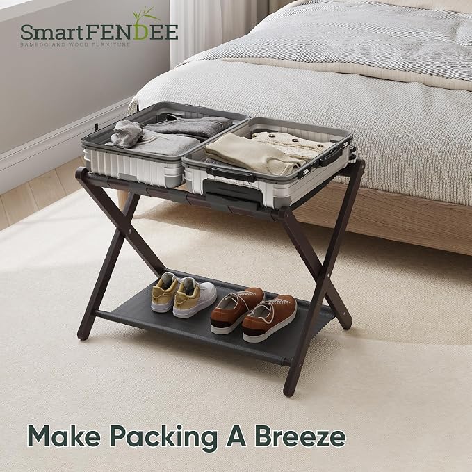 Smart FENDEE Luggage Rack, Folding Luggage Rack for Guest Room, Brown Bamboo Suitcase Stand Holds up to 131 lb, Luggage Stand with Storage Shelf for Hotel, Bedroom (1 Pack) - Image 6