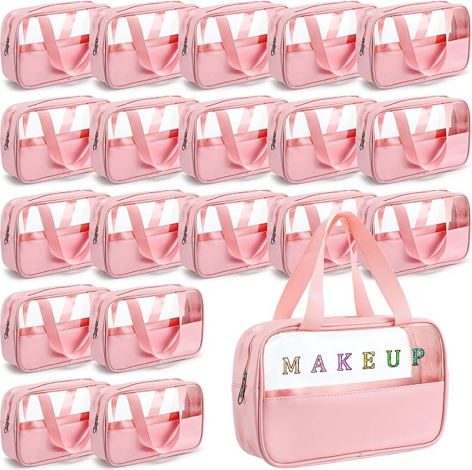 Buryeah 20 Pcs Translucent Makeup Bag Toiletry Organizer for Women Men Waterproof Portable Cosmetic Bag with Hanging Handles Travel Storage Carry Pouch Gifts for Bridesmaid (Pink) by Buryeah