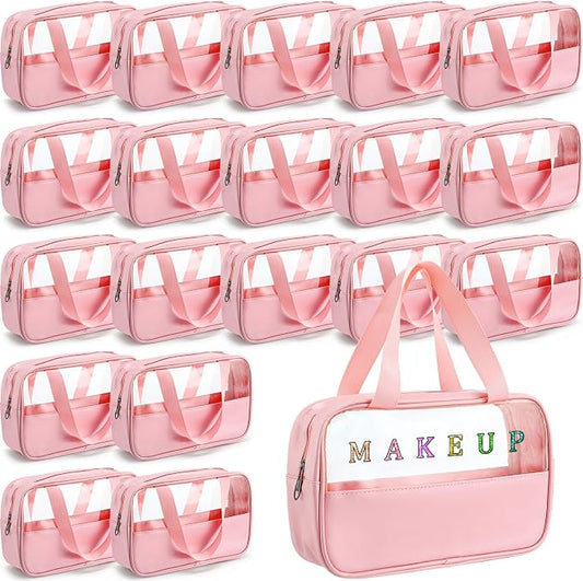 Buryeah 20 Pcs Translucent Makeup Bag Toiletry Organizer for Women Men Waterproof Portable Cosmetic Bag with Hanging Handles Travel Storage Carry Pouch Gifts for Bridesmaid (Pink) by Buryeah