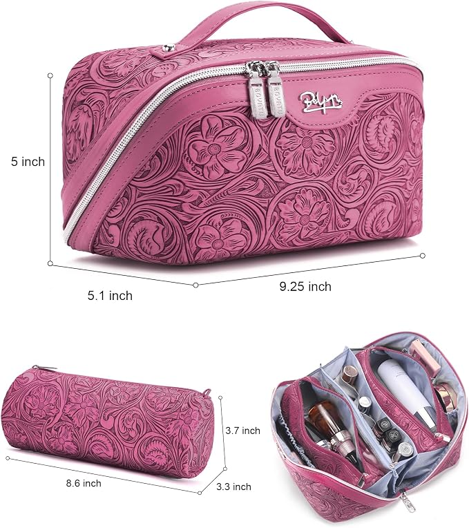 BOYATU Travel Makeup Bags Cosmetic Organizer Bag: 3 Pcs Set Large Capacity Floral Make up Bag with Compartments - Waterproof Leather Toiletry Bags with Handle for Women (20-Red) - Image 2