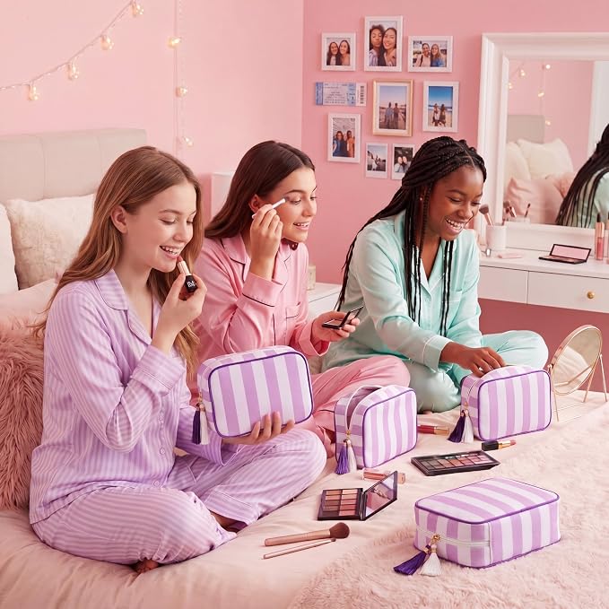 Kacctyen 6 Pack Lavender Purple and White Striped Makeup Bag bulk with Tassel Travel Cosmetic Pouch Organizer Large Zipper Toiletry Case for Women Aesthetic Storage Pouch Mahjong Tile Bag - Image 5