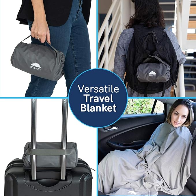BlueHills 2 Pack Ultra Compact Travel Blanket Pillow Long Flights - Gray | Soft Travel Blanket Set of 2, Luggage Strap & Carabiner, 70X56 Long Flight Pillows, Portable Case/Bag, Lightweight & Compact - Image 9
