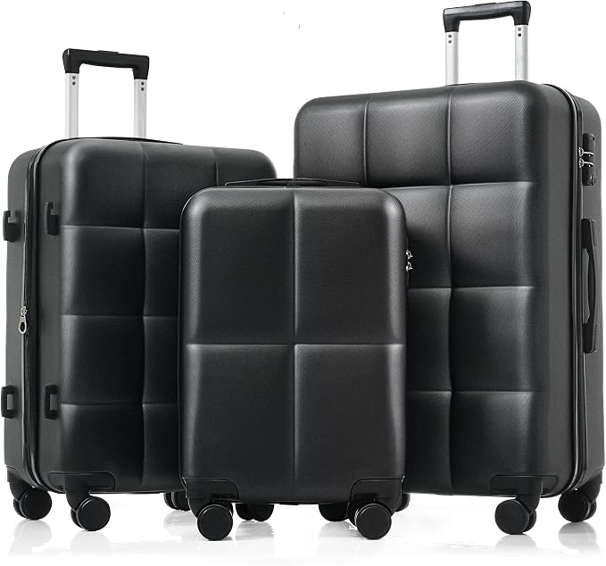 Hardshell Luggage Sets, Lightweight Stripes Suitcases with Spinner Wheels, Black Black by Merax