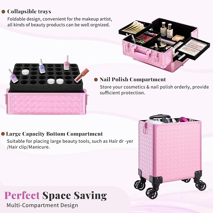 3 in 1 Rolling Makeup Train Case Cosmetology Case on Wheels, Pink | Large Cosmetic Trolley Organizer with Keys Salon Barber Case Traveling Cart Trunk for Artist Hairstylists Nail Tech - Image 6