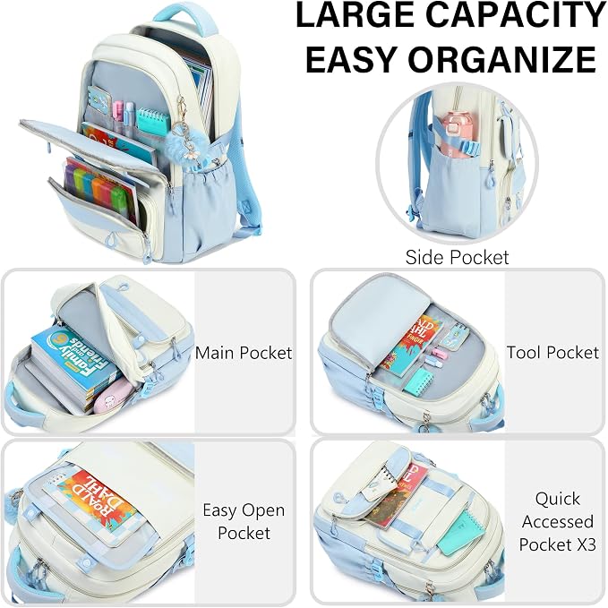 School Backpack for Girls, 3PCS Laptop Backpack 15.6 Inch with Lunch Box Pencil Pouch Set for Kids Teens Elementary Middle High School College Bookbag Student Casual Travel Daypack,Blue Beige - Image 3