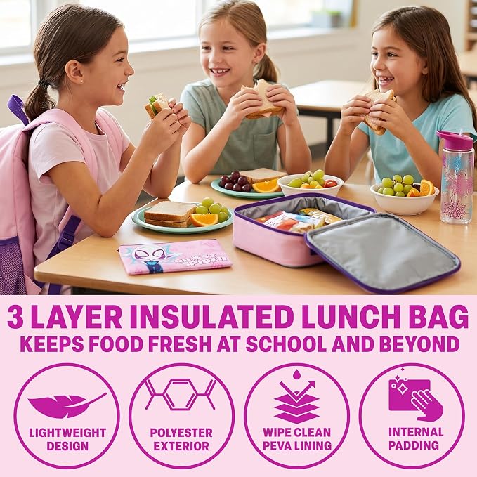 Get Trend Marvel Ghost Spider Kids Backpack 4 Piece Set | 18 inch Bookbag, Insulated Lunch Bag, Zipped Pencil Case & BPA-Free Water Bottle for School & Travel, Gifts for Girls - Image 4