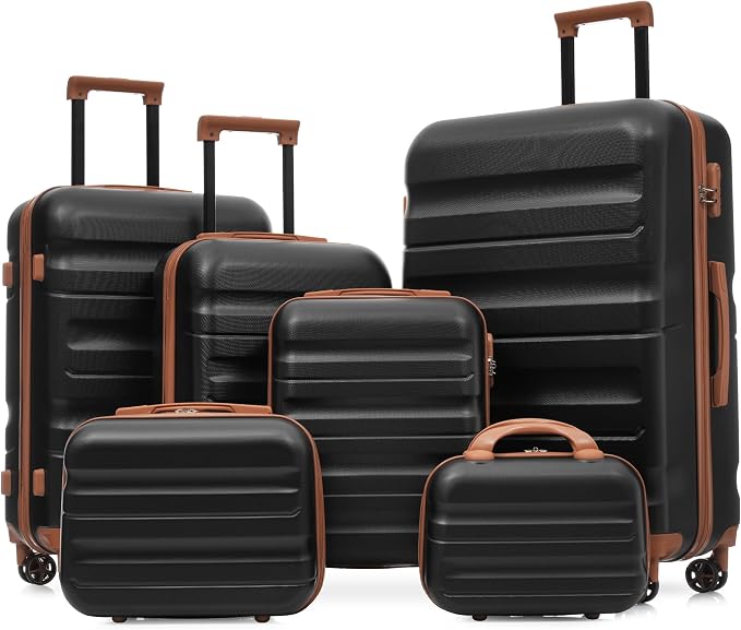 Black Brown 6 Piece Luggage Set Hard Shell - Expandable Suitcases with Spinner Wheels and Small Cases for Family Travel, Durable Carry On Luggage Sets with Lock for Women and Men by Unknown