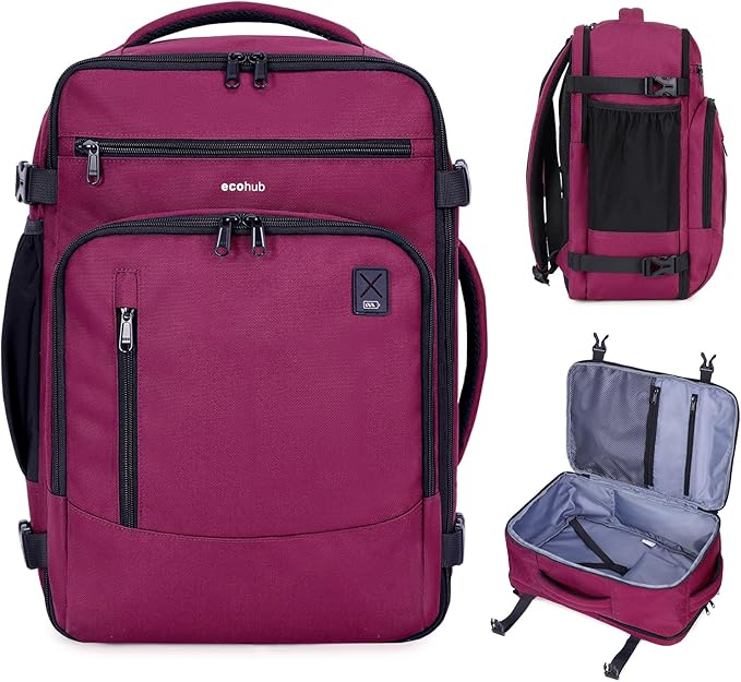 ECOHUB 17" Small Travel Backpack, United Airlines Personal Item Bag 17x10x9 with 16 Pockets, Water Resistant Rucksacks Fit 15.6" Laptop, AirTag Pocket, Lightweight Casual Daypack, 25L, Red by ECOHUB