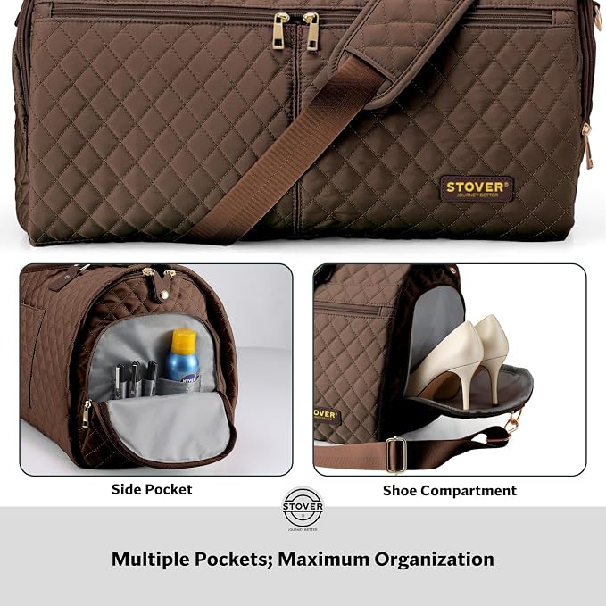 STOVER Women’s Convertible Garment Duffel Bag for Travel – 2-in-1 Carry-On Weekender/Overnight Tote - Wrinkle-Free Dresses, Suits & Clothes + Shoe Compartment & Bonus Toiletry Bag (Mocha Brown) - Image 5