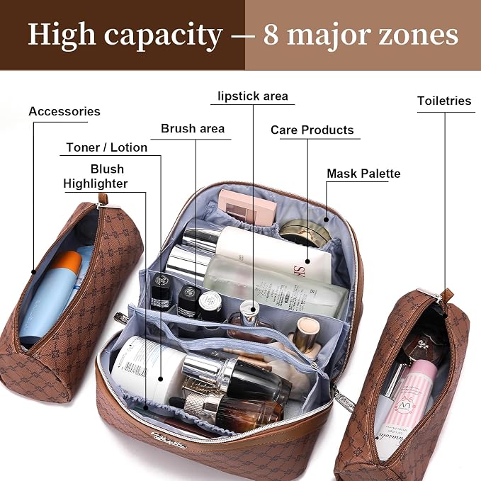 BOYATU Travel Makeup Bag Cosmetic Bags for Women: 3 Pcs Set Large Capacity Make up Bag with Handle - Vegan Leather Toiletry Bags with Compartments - Makeup Organizer for Travel Essentials(A-6-Brown) - Image 5