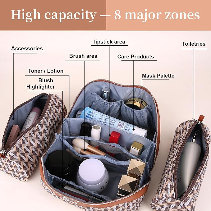 BOYATU Travel Makeup Bags for Women: Large Capacity Cosmetic Bag Set of 3 - Vegan Leather Make up Bags with Compartments - Wide Open Waterproof Toiletry Organizer Bag with Handle (P-05-Brown) - Image 2