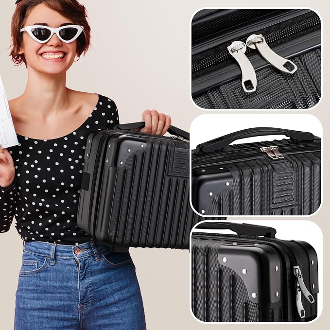 Noverlife 14 Inch Portable Hard Shell Cosmetic Travel Case, Mini Travel Hand Luggage with Elastic Band Travel Makeup Case, Small Makeup Carrying Suitcase for Train Cosmetic Bag Travel Camping - Black - Image 3