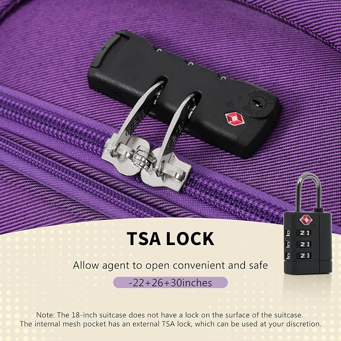 Merax 4 Piece Soft Luggage Set 18/22/26/30,Expandable Suitcase,Purple | Suitcase Set with TSA Lock,Spinner Wheels,Telescopic Handle,Front Pocket,Lightweight Travel Luggage for Family Trips - Image 7